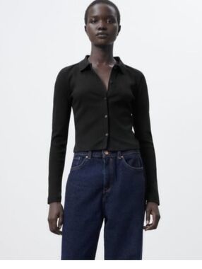 Zara Black Button-Up Collared Long-Sleeve Top Large